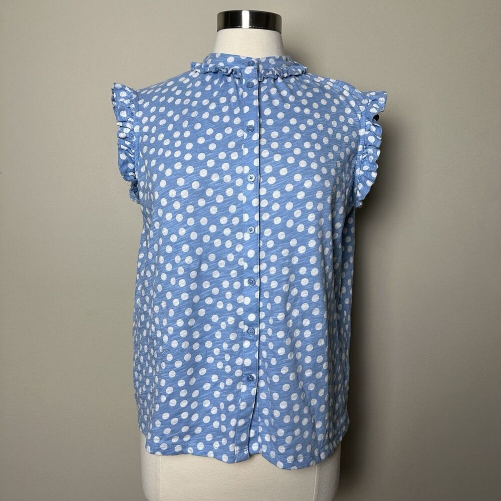 Boden Tank Top Womens 8P Petite Blue Polka Dot Blouse Tank Button Down Ruffle